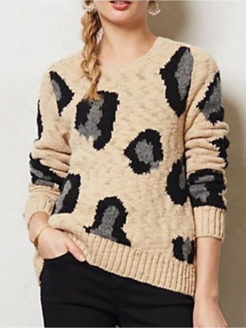 Anthropologie Beige Leopard-Print Crewneck Sweater with Black & Gray Spots